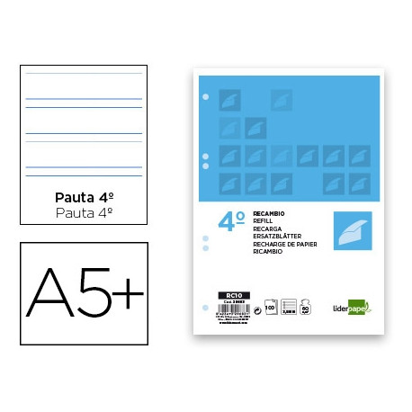 RECAMBIO LIDERPAPEL CUARTO 100 HOJAS 60G/M2 PAUTA 4ª 3.5MM C ON MARGEN 6 TALADROS