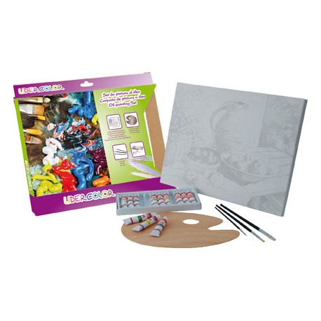 SET PINTURA AL OLEO LIDERCOLOR CONTIENE 1 LIENZO IMPRIMACION 30X40CM 1 PALETA MADERA 3 BROCHAS TUBOS