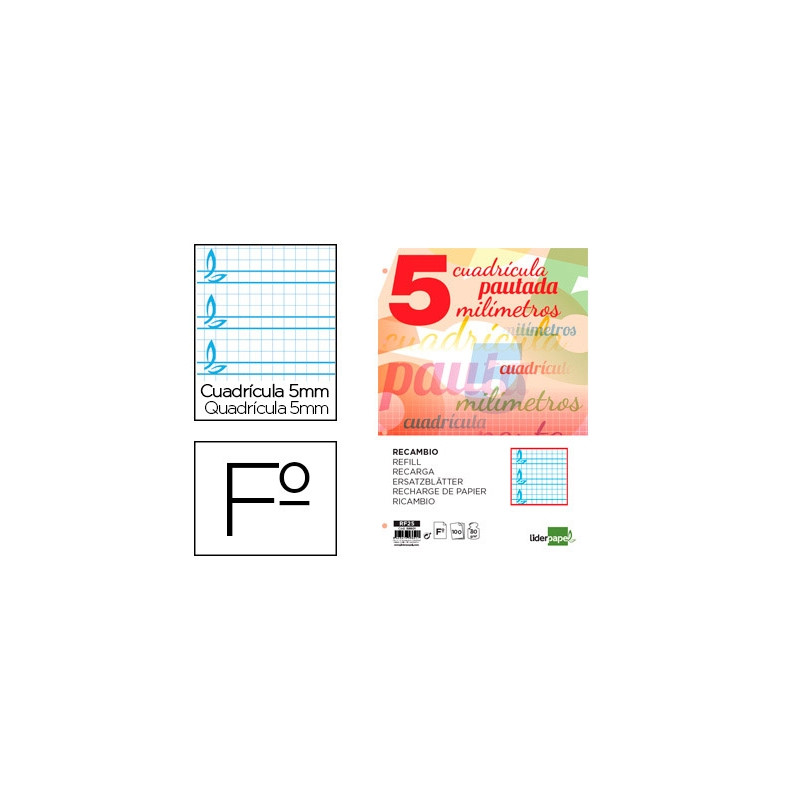 RECAMBIO LIDERPAPEL FOLIO PAUTAGUIA 100 HOJAS 75 G CUADRICULADO PAUTADO 5 MM CON MARGEN 4 TALADROS