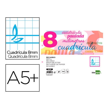 RECAMBIO LIDERPAPEL CUARTO PAUTAGUIA 100 HOJAS 75 G CUADRICULADO PAUTADO 8 MM CON MARGEN 2 TALADROS 