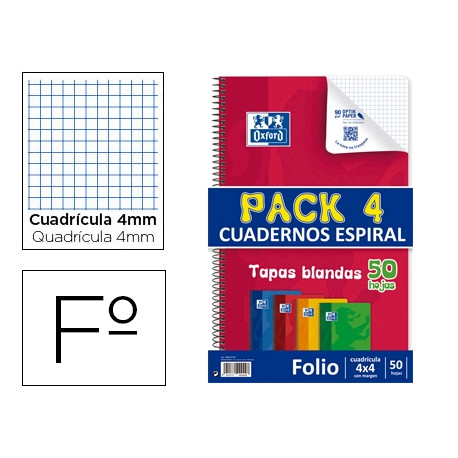 BLOC ESPIRAL OXFORD TAPA FLEXIBLE OPTIK PAPER FOLIO 50 HOJAS 90 GR CUADROS 4 MM PACK DE 4