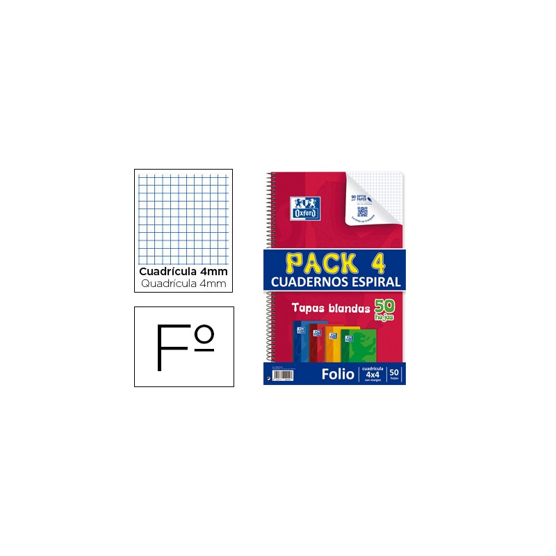 BLOC ESPIRAL OXFORD TAPA FLEXIBLE OPTIK PAPER FOLIO 50 HOJAS 90 GR CUADROS 4 MM PACK DE 4