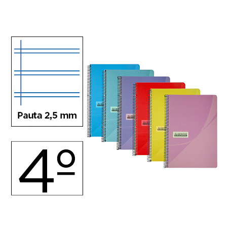 CUADERNO ESPIRAL PAPERCOP CUARTO TAPA PLASTICO 80H 90 GR PAUTA 2,5 MM CON MARGEN COLORES SURTIDOS