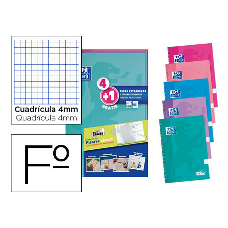 CUADERNO ESPIRAL OXFORD TAPA EXTRADURA FOLIO 80 HOJAS CUADRO 4 MM CON PIZARRA BLANCAPACK 4+1 COLORES