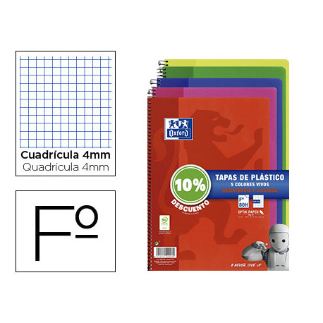 CUADERNO ESPIRAL OXFORD TAPA PLASTICO FOLIO 80 HOJAS CUADRO 4 MM PACK 5 UNIDADES COLORES VIVOS