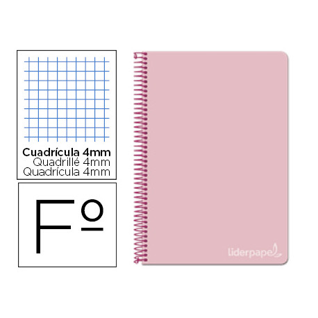 CUADERNO ESPIRAL LIDERPAPEL FOLIO WITTY TAPA DURA 80H 75GR CUADRO 4MM CON MARGEN COLOR ROSA