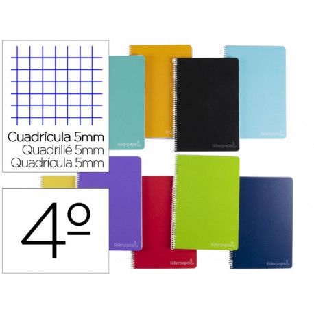 CUADERNO ESPIRAL LIDERPAPEL CUARTO WITTY TAPA DURA 80H 75GR CUADRO 5MM CON MARGEN COLORES SURTIDOS