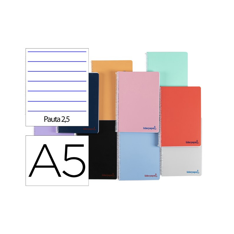 CUADERNO ESPIRAL LIDERPAPEL A5 WONDER TAPA PLASTICO 80H 90G PAUTA ESTRECHA 2,5MM CON MARGEN COLORES 