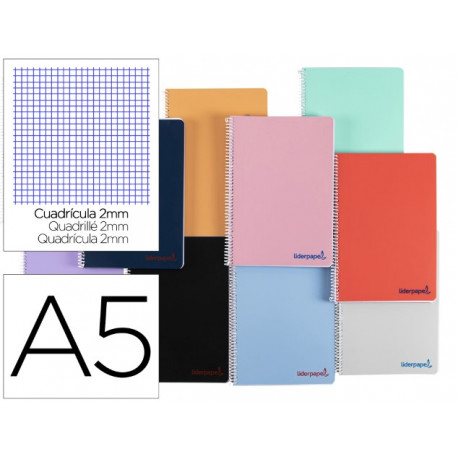 CUADERNO ESPIRAL LIDERPAPEL A5 WONDER TAPA PLASTICO 80H 90G MILIMETRADO 2MM COLORES SURTIDOS