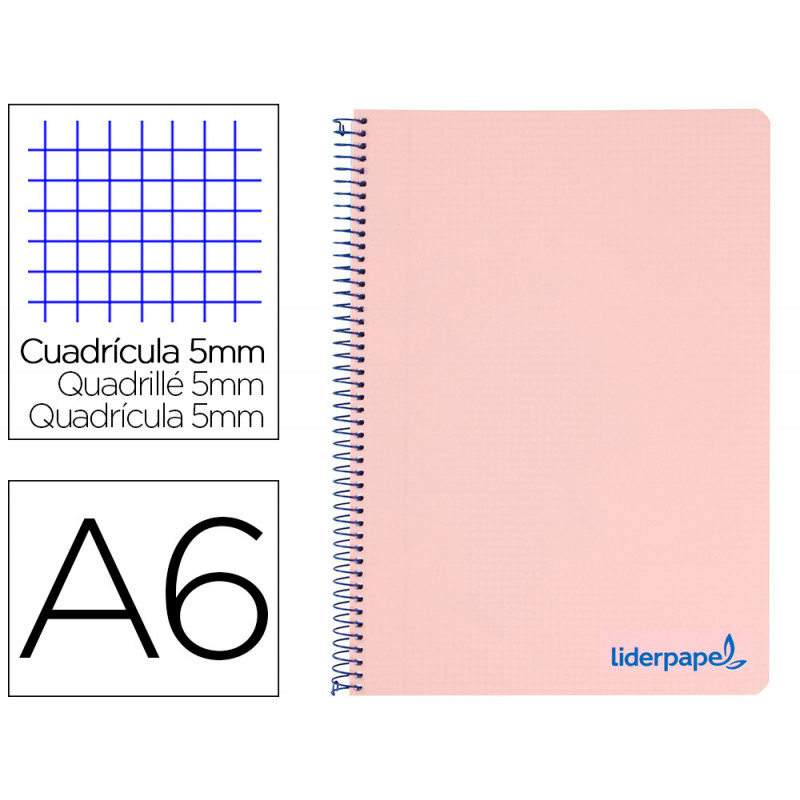 CUADERNO ESPIRAL LIDERPAPEL A6 MICRO WONDER TAPA PLASTICO 120H 90 GR CUADRO 5MM 4 BANDAS COLOR ROSA