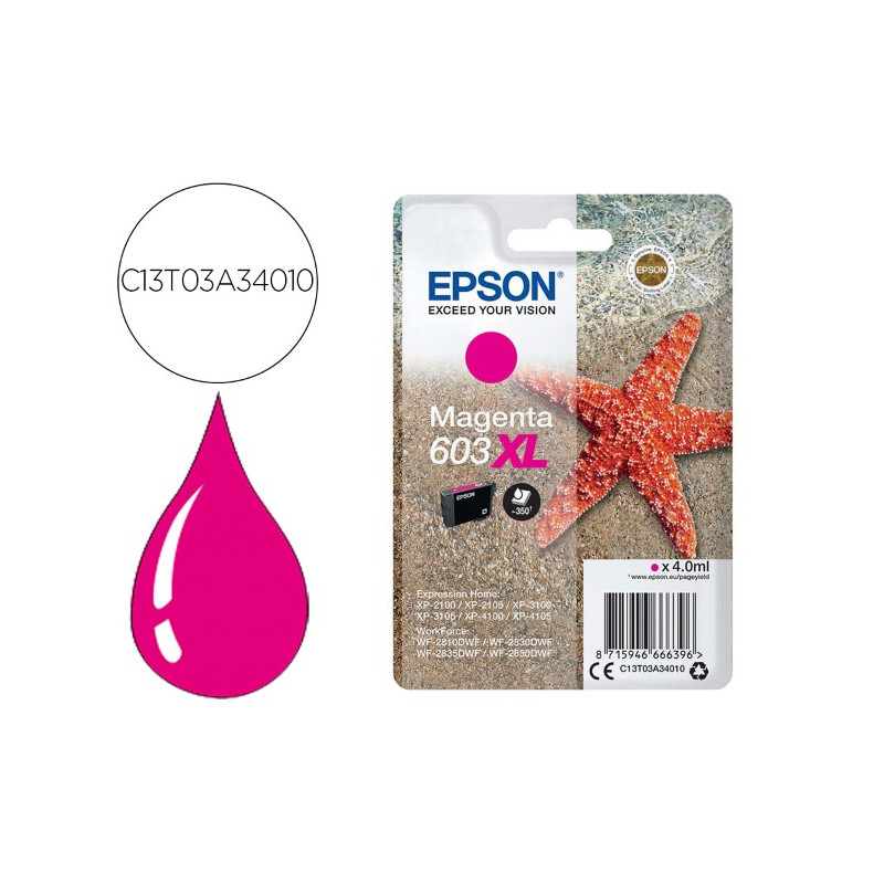 INK-JET EPSON 603XL XP-2100 / 2105 / 3100 / 4100 / WF-2810 / 2830 / 2835 / 2850 MAGENTA 350 PAGINAS