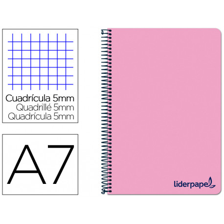 CUADERNO ESPIRAL LIDERPAPEL A7 MICRO WONDER TAPA PLASTICO 100H 90 GR CUADRO 5MM 4 BANDAS COLOR ROSA