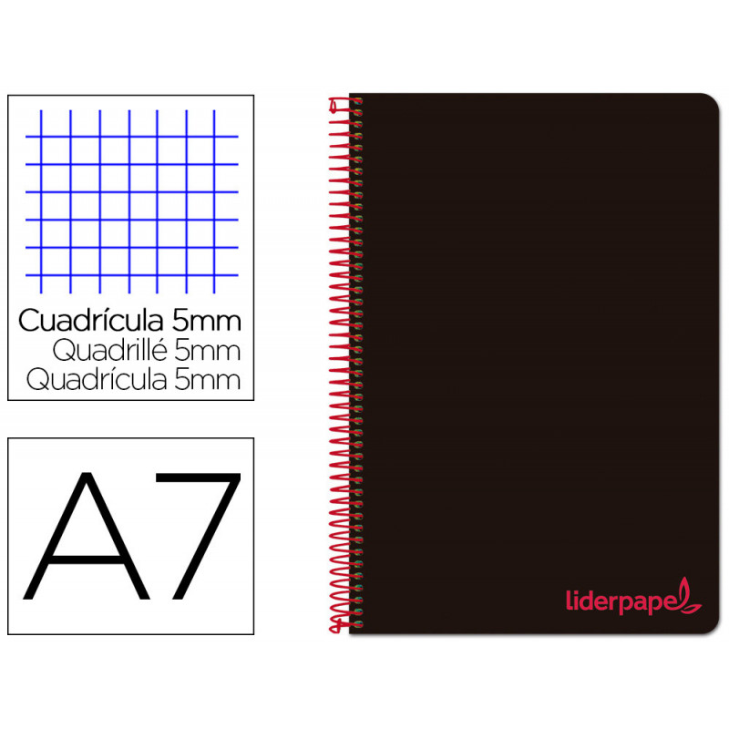 CUADERNO ESPIRAL LIDERPAPEL A7 MICRO WONDER TAPA PLASTICO 100H 90 GR CUADRO 5MM 4 BANDAS COLOR NEGRO