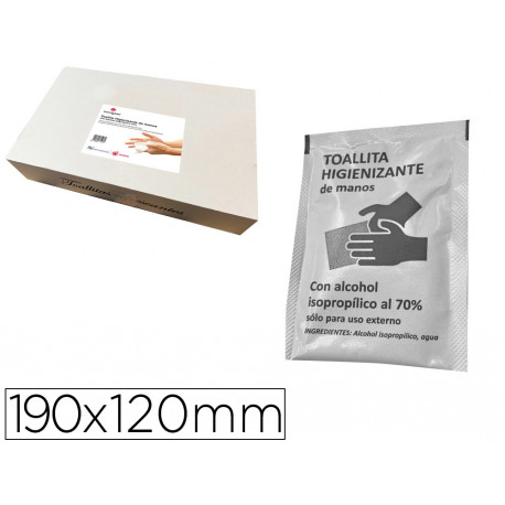 TOALLITA HIGIENIZANTE HIDROALCOHOLICA PARA MANOS MEDIDAS 190 X 120 MM PAQUETES INDIVIDUALES CAJA 500