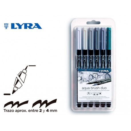 ROTULADOR LYRA AQUA BRUSH ACUARELABLE DOBLE PUNTA Y PINCEL TONOS GRISES BLISTER DE 6 UNIDADES SURTID