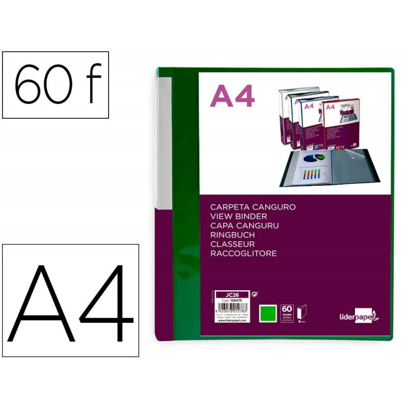 CARPETA LIDERPAPEL 60 FUNDAS CANGURO PP DIN A4 VERDE TRANSLUCIDO PORTADA Y LOMO PERSONALIZABLE