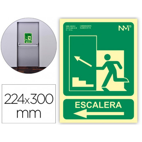 PICTOGRAMA ARCHIVO 2000 SALIDA EMERGENCIA ESCALERA SUBE IZQUIERDA PVC VERDE LUMINISCENTE 224X300 MM