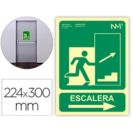 PICTOGRAMA ARCHIVO 2000 SALIDA EMERGENCIA ESCALERA SUBE DERECHA PVC VERDE LUMINISCENTE 224X300 MM