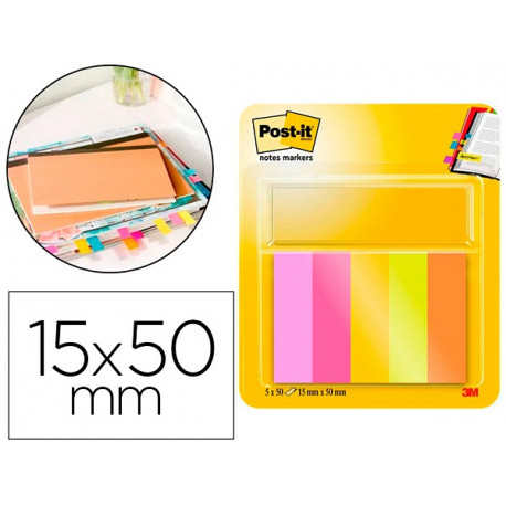 BLOC DE NOTAS ADHESIVAS QUITA Y PON POST-IT MININOTAS ENERGETIC COLOUR 15 X 50 MM 50 HOJAS PACK DE 5