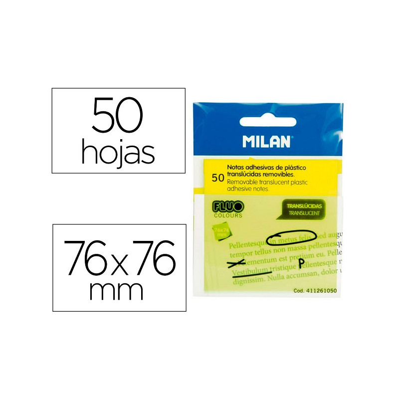 BLOC DE NOTAS ADHESIVAS QUITA Y PON MILAN 76X76 MM REMOVIBLE PLASTICO TRANSLUCIDO AMARILLO FLUOR 50