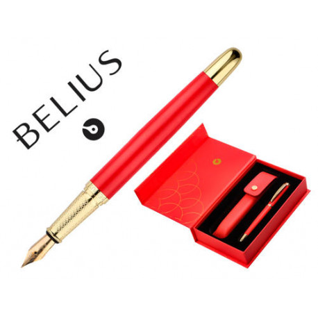 PLUMA Y ESTUCHE CUERO BELIUS P ASSION DOR ALUMINIO TEXTURA CEPILLADA DISEÑO ROJO Y DORADO TINTA AZUL