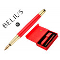 PLUMA Y ESTUCHE CUERO BELIUS P ASSION DOR ALUMINIO TEXTURA CEPILLADA DISEÑO ROJO Y DORADO TINTA AZUL