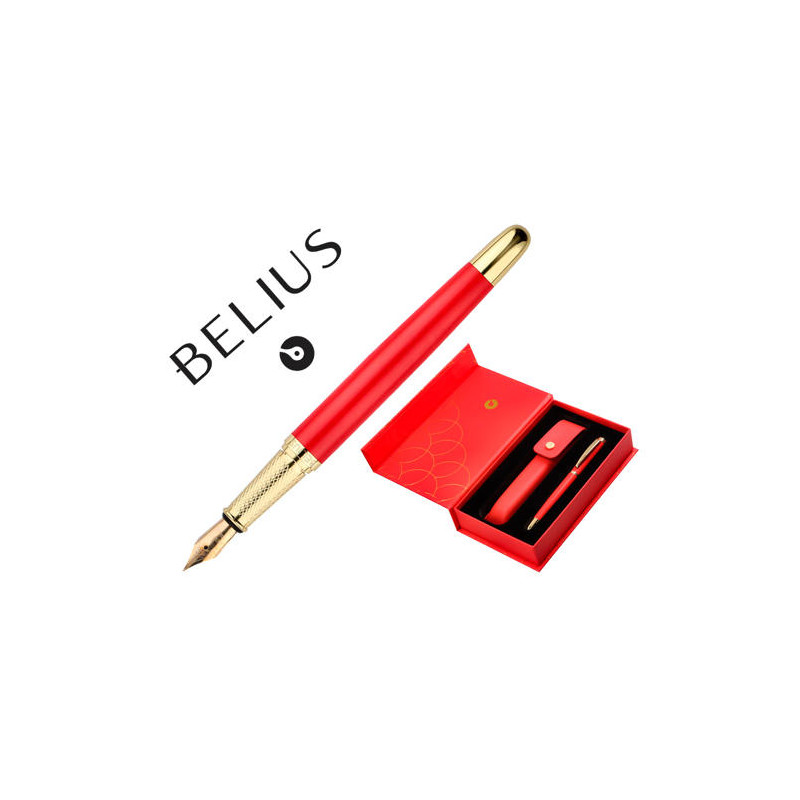 PLUMA Y ESTUCHE CUERO BELIUS P ASSION DOR ALUMINIO TEXTURA CEPILLADA DISEÑO ROJO Y DORADO TINTA AZUL