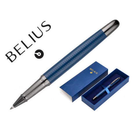 BOLIGRAFO BELIUS NEPTUNO ALUMI NIO TEXTURA WAVY COLOR AZUL MARINO TINTA AZUL CAJA DE DISEÑO