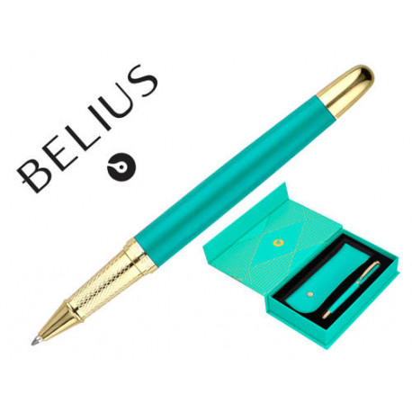 BOLIGRAFO Y ESTUCHE BELIUS SOI REE DISEÑO ART DECO TURQUESA DORADO TINTA AZUL CAJA DE DISEÑO