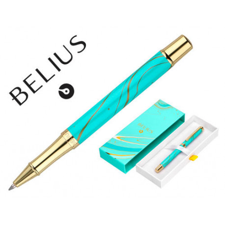 BOLIGRAFO BELIUS AQUA ALUMINIO DISEÑO TURQUESA Y DORADO TINTA AZUL CAJA DE DISEÑO