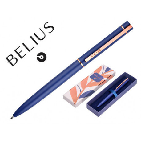 BOLIGRAFO BELIUS ROSE ALUMINIO DISEÑO AZUL ELECTRICO ORO ROSA TINTA AZUL CAJA DE DISEÑO