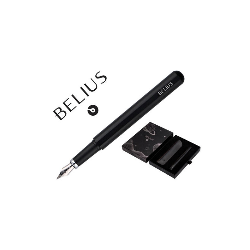 PLUMA Y FUNDA DE SIMILPIEL BELIUS SPACE B DISEÑO MINIMALISTA NEGRO TINTA AZUL CAJA DE DISEÑO