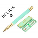 BOLIGRAFO BELIUS MACARON BISS DISEÑO HEXAGONAL DISEÑO VERDE DORADO TINTA AZUL CAJA DE DISEÑO