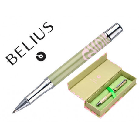 BOLIGRAFO BELIUS INK DREAMS AL UMINIO DISEÑO VERDE MATCHA Y ROSA PLATEADO FRASE INTERIOR CAJA DISEÑO