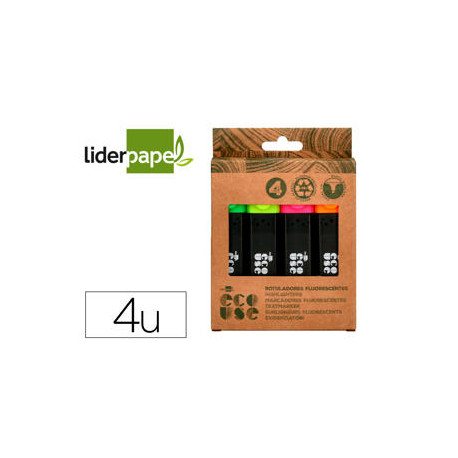 ROTULADOR LIDERPAPEL ECOUSE FLUORESCENTE FABRICADO CON 68% PLASTICO RECICLADO CAJA DE 4 UNIDADES COL