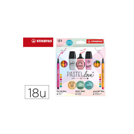 SET STABILO PASTEL LOVE MINI WORLD PEN 68 / POINT 88 / BOSS 18 UNIDADES SURTIDAS