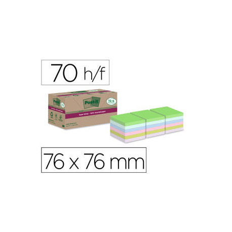 BLOC DE NOTAS ADHESIVAS QUITA Y PON POST-IT SUPER STICKY 76X76 MM 70 HOJAS RECICLADAS PAQUETE DE 14 