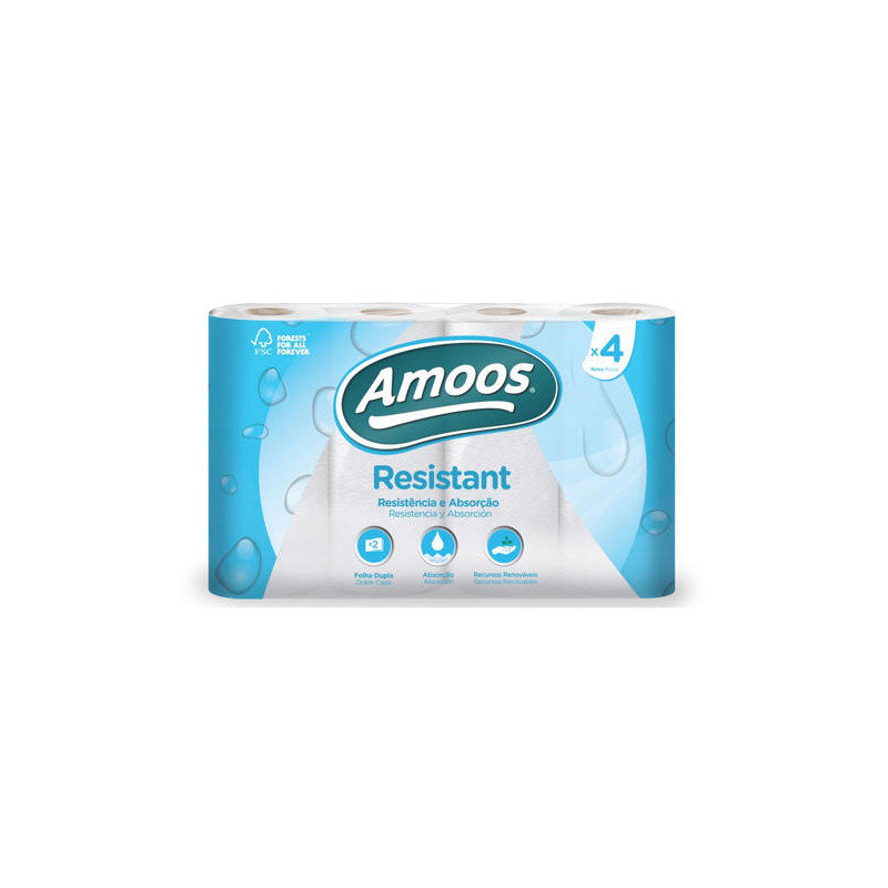 PAPEL DE COCINA AMOOS 2 CAPAS 100 MM DIAMETRO X 224 MM ALTO 42G/M2 36 SERVICIOS PAQUETE DE 4 ROLLOS