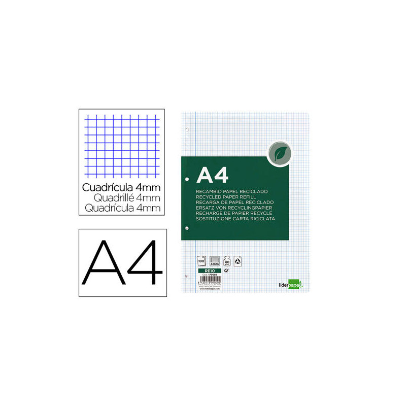 RECAMBIO LIDERPAPEL A4 100 HOJAS PAPEL RECICLADO 100% 80G/M2 CUADRO 4MM CON MARGEN 4 TALADROS