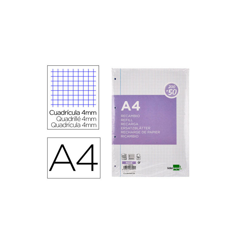 RECAMBIO LIDERPAPEL A4 200+50 HOJAS 90G/M2 CUADRO 4 MM CON MARGEN 4 TALADROS