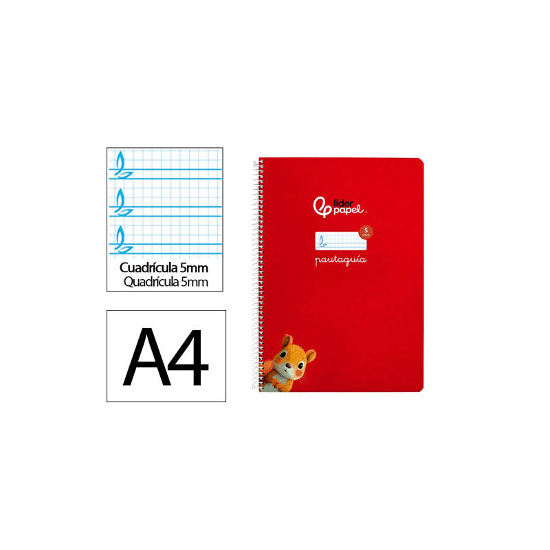 CUADERNO ESPIRAL LIDERPAPEL DI N A4 PAUTAGUIA TAPA DURA 80H 90 GR CUADRO PAUTADO 5MM COLOR ROJO