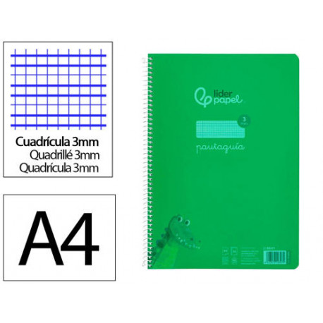 CUADERNO ESPIRAL LIDERPAPEL DIN A4 PAUTAGUIA TAPA PLASTICO80H 90GR CUADRO PAUTADO 3MM CON MARGEN COL