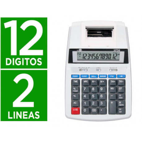 CALCULADORA LIDERPAPEL IMPRESORA PANTALLA PAPEL 57 MM 12 DIGITOS IMPRESION BICOLOR BLANCA 235X155X62