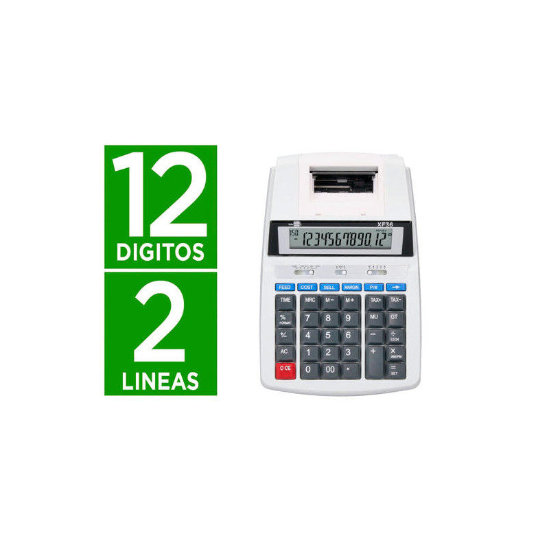 CALCULADORA LIDERPAPEL IMPRESORA PANTALLA PAPEL 57 MM 12 DIGITOS IMPRESION BICOLOR BLANCA 235X155X62