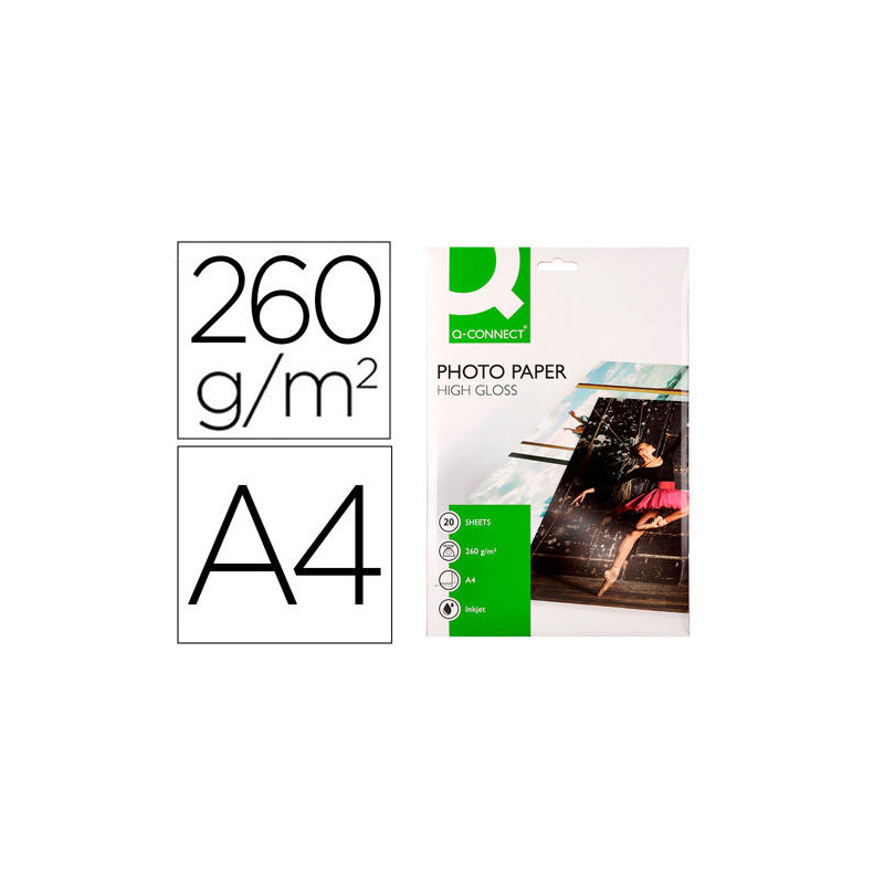 PAPEL Q-CONNECT FOTO GLOSSY KF02163 DIN A4 ALTA CALIDAD DIGITAL PHOTO PARA INK-JET BOLSA DE 20 HOJAS