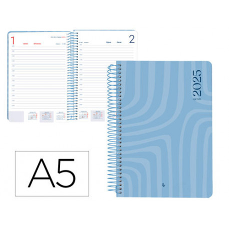 AGENDA ESPIRAL LIDERPAPEL SYROS A5 2025 DÍA PÁGINA COLORAZUL PAPEL 60 GR CATALAN