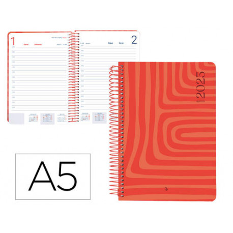 AGENDA ESPIRAL LIDERPAPEL SYROS A5 2025 DÍA PÁGINA COLOR ROJO PAPEL 60 GR CATALAN