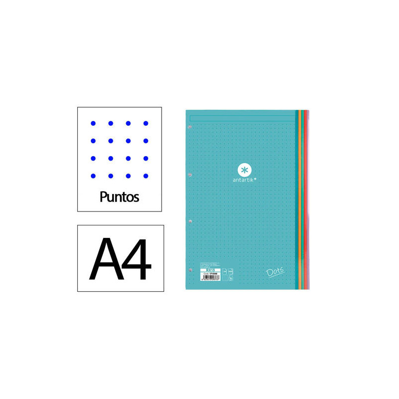 RECAMBIO LIDERPAPEL ANTARTIK DOTS A4 100 HOJAS 90G/M2 RAYADO PUNTOS 4 TALADROS BANDAS DE 5 COLORES