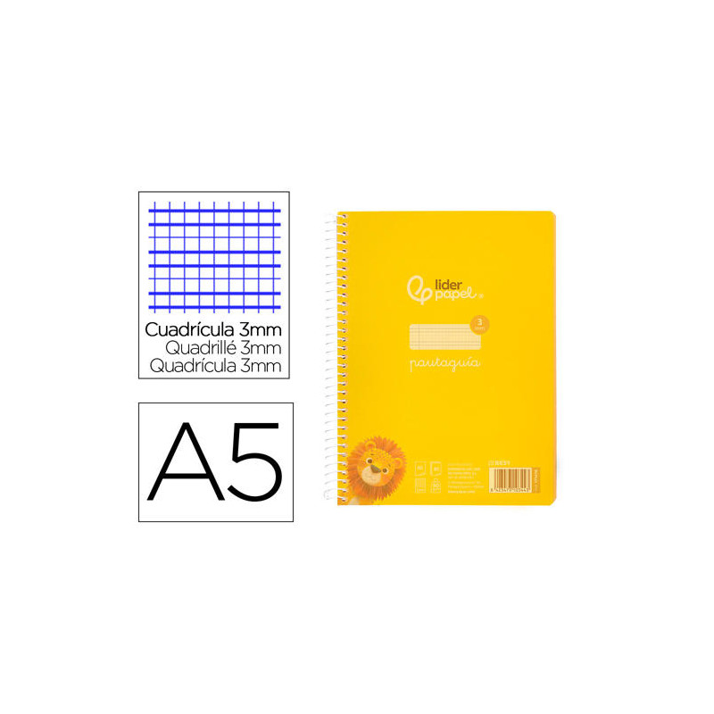 CUADERNO ESPIRAL LIDERPAPEL DIN A5 PAUTAGUIA TAPA PLASTICO 80H 90GR CUADRO PAUTADO 3 MM CON MARGEN C