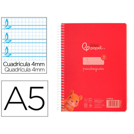 CUADERNO ESPIRAL LIDERPAPEL DIN A5 PAUTAGUIA TAPA PLASTICO 80H 90GR CUADRO PAUTADO 4MM CON MARGEN CO